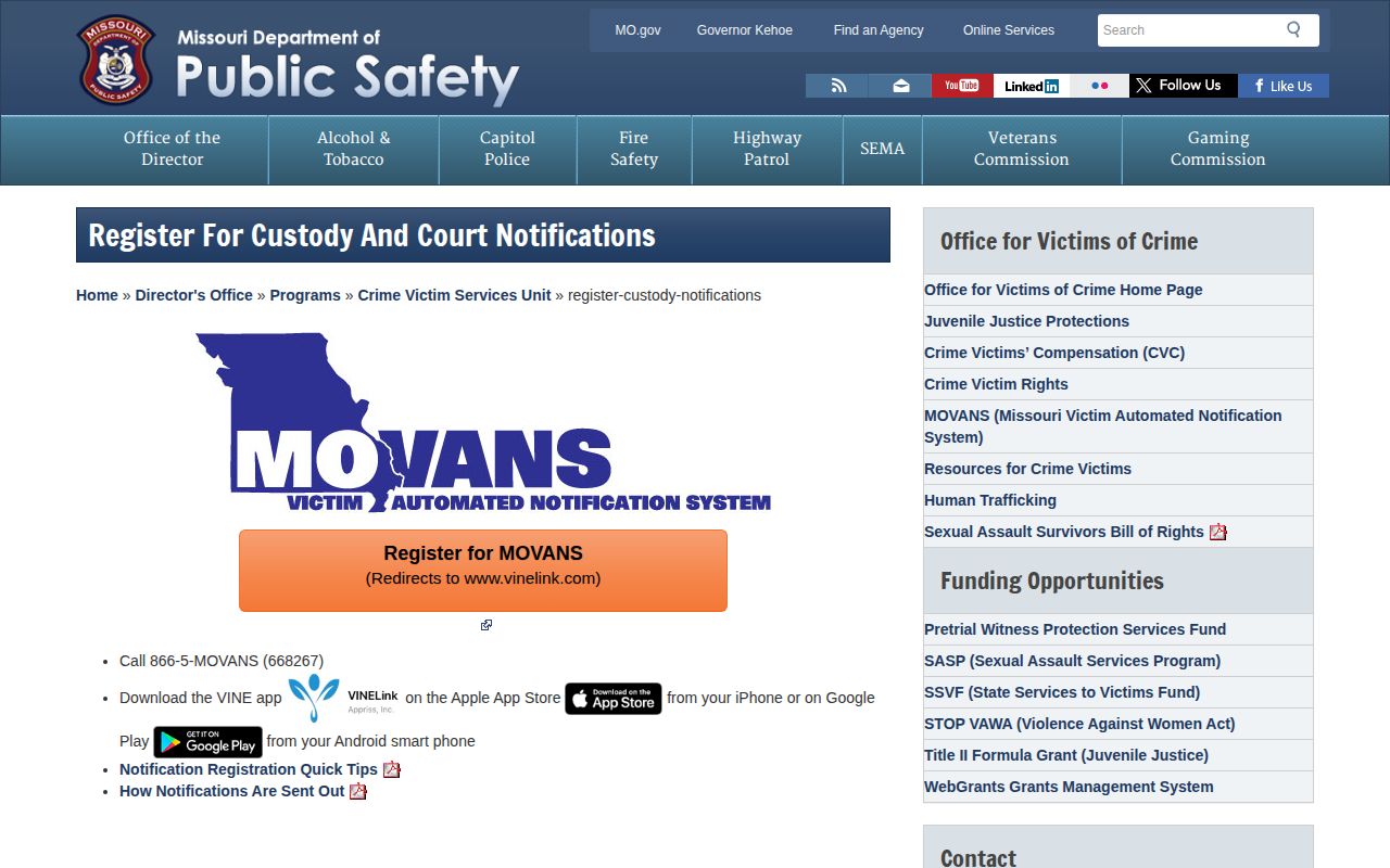 Missouri custody notification registration information for Warren County