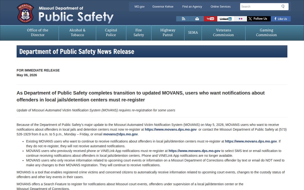 Missouri DPS MOVANS transition notice for Warren County local jail alerts